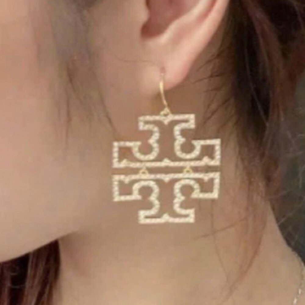 Tory Burch Britten Pave Logo Drop Hinged Dangle Earrings - Gold Tone *NWOT*
